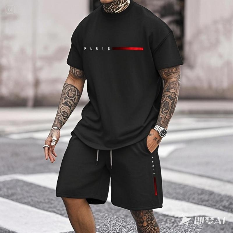 2025 new casual sports short sleeved T-shirt men's summer new gradient letter round neck T-shirt shorts set 2025 new casual sports short sleeved T-shirt men's summer new gradient letter round neck T-shirt shorts set