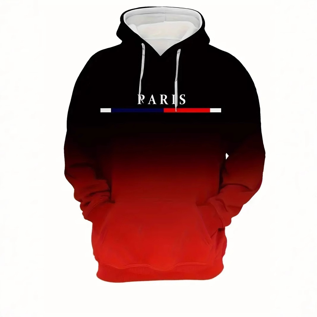 Paris letter printed men's gradient hooded sweatshirt with drawstring design for spring and autumn men's pullover top