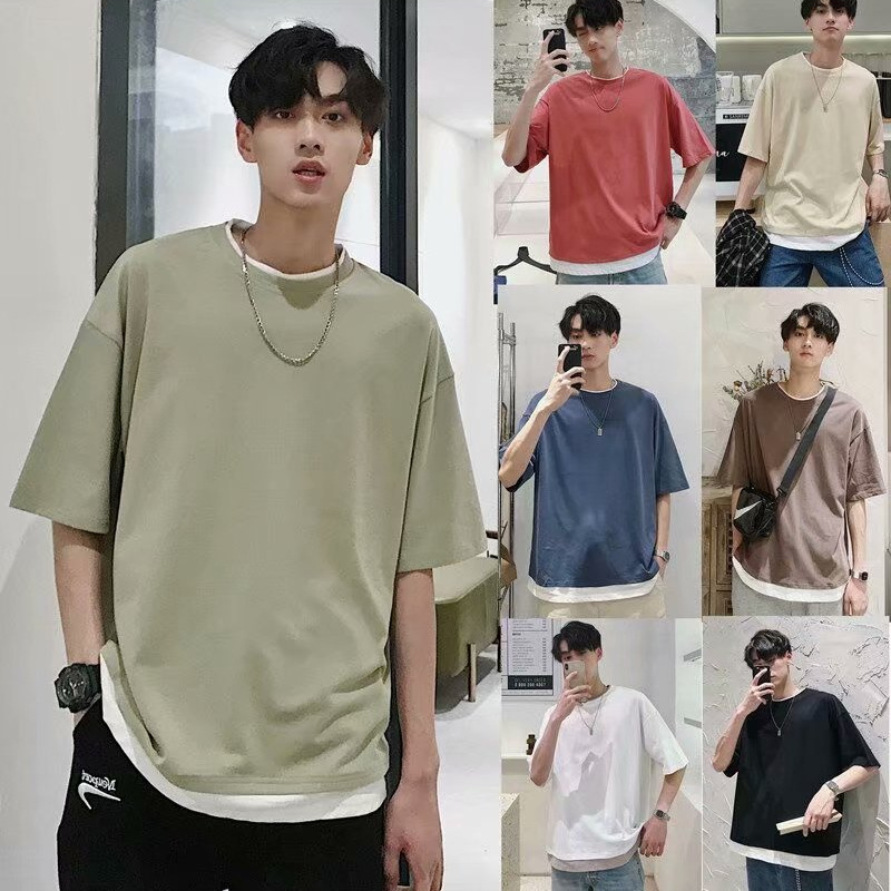 Fake two men's short sleeved t-shirts in solid color trend. T-shirt printed loose fit teenage ins half sleeved summer versatile clothes