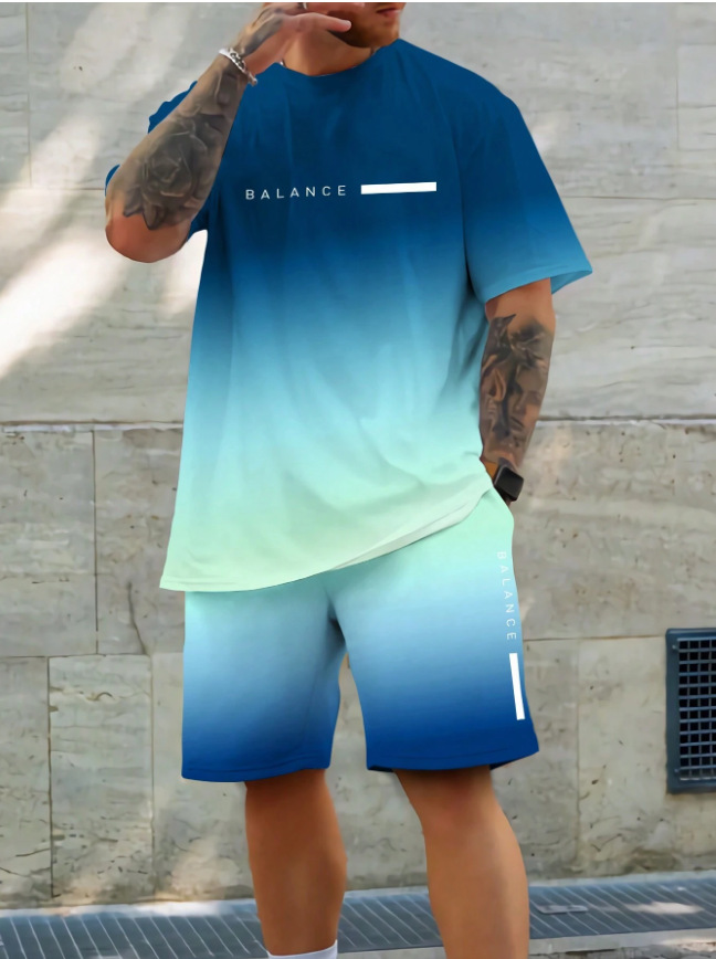 2025 new casual sports short sleeved T-shirt men's summer new gradient letter round neck T-shirt shorts set 2025 new casual sports short sleeved T-shirt men's summer new gradient letter round neck T-shirt shorts set