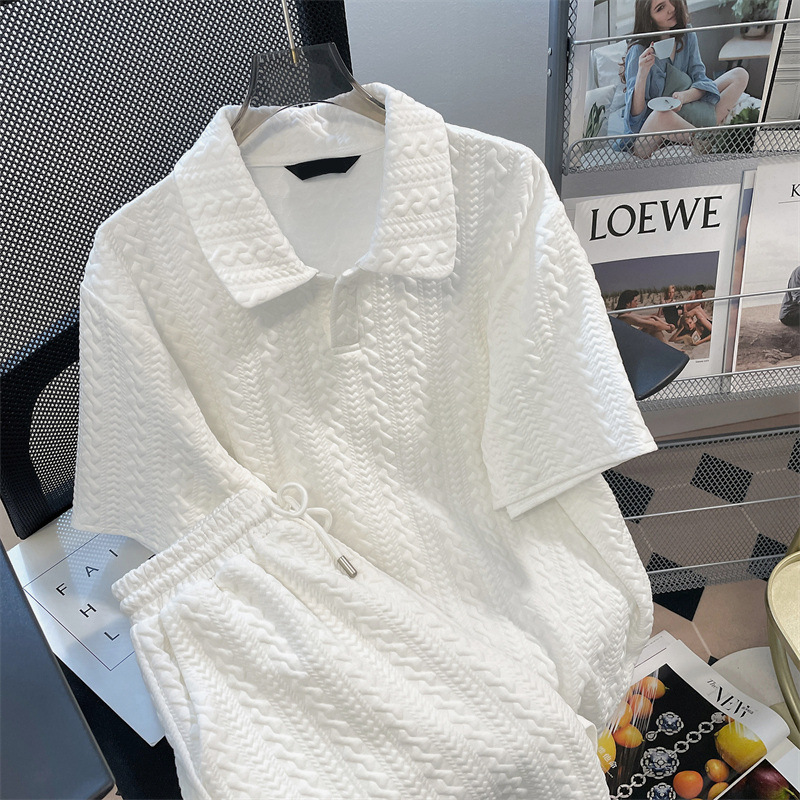 Design sense niche waffle suit polo shirt shorts women's summer loose Hong Kong style two-piece set short sleeved T-shirt top