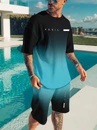 2025 new casual sports short sleeved T-shirt men's summer new gradient letter round neck T-shirt shorts set 2025 new casual sports short sleeved T-shirt men's summer new gradient letter round neck T-shirt shorts set