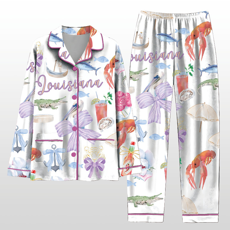 2025 Amazon standalone long sleeved casual sleepwear set with printed fashion buttons for adult casual home wear 2025 Amazon standalone long sleeved casual sleepwear set with printed fashion buttons for adult casual home wear