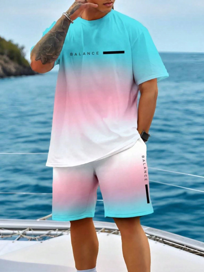 2025 new casual sports short sleeved T-shirt men's summer new gradient letter round neck T-shirt shorts set 2025 new casual sports short sleeved T-shirt men's summer new gradient letter round neck T-shirt shorts set