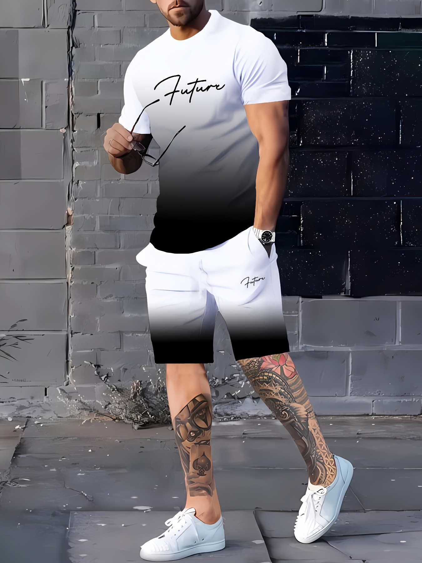 2025 new casual sports short sleeved T-shirt men's summer new gradient letter round neck T-shirt shorts set 2025 new casual sports short sleeved T-shirt men's summer new gradient letter round neck T-shirt shorts set