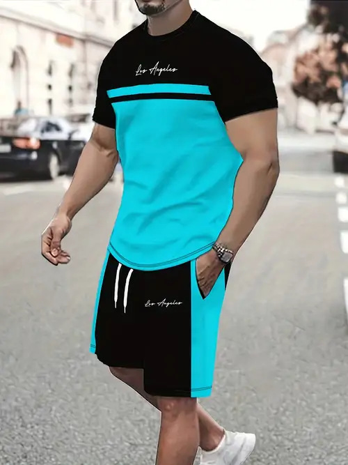 2025 new casual sports short sleeved T-shirt men's summer new gradient letter round neck T-shirt shorts set 2025 new casual sports short sleeved T-shirt men's summer new gradient letter round neck T-shirt shorts set