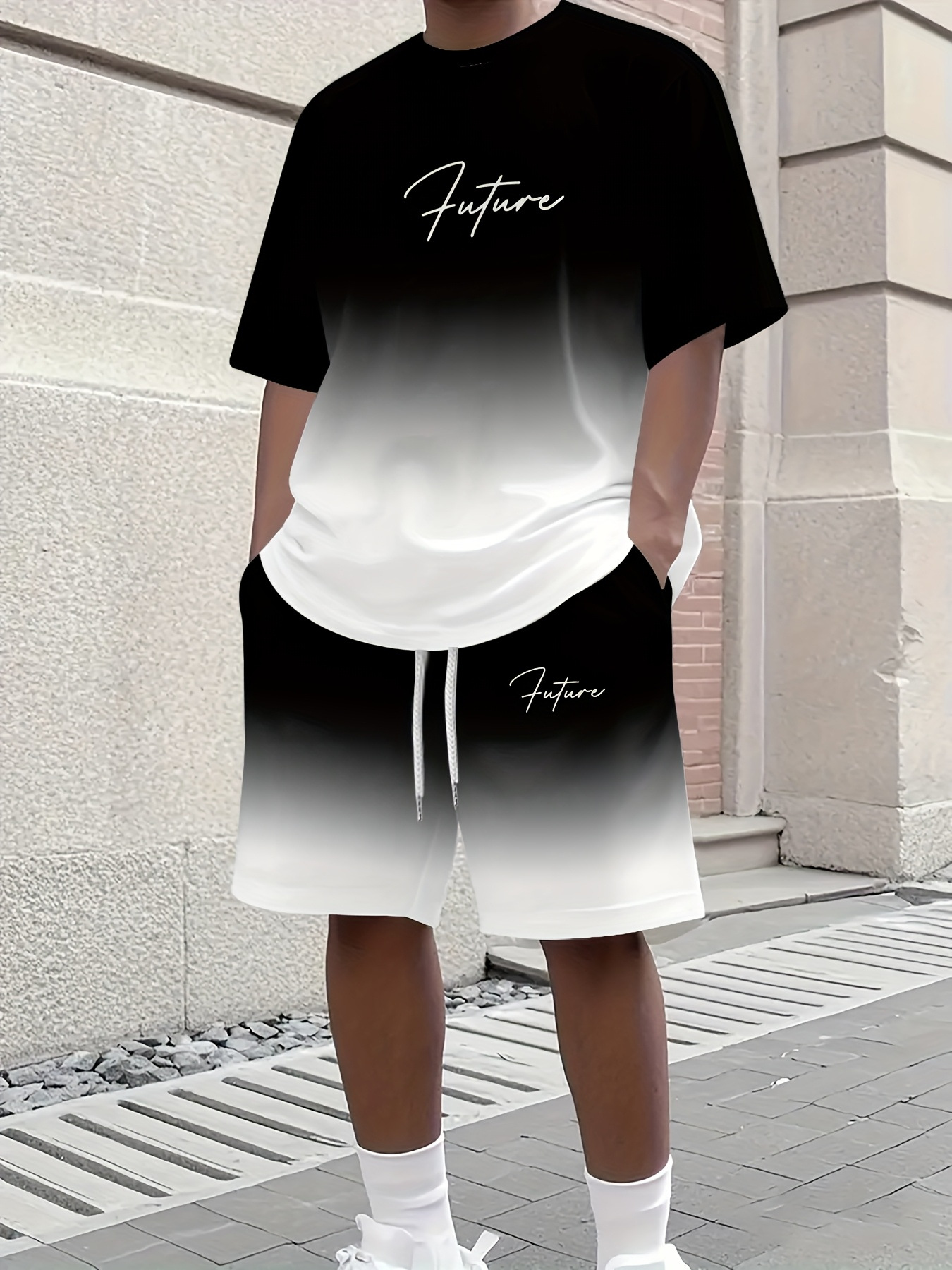 2025 new casual sports short sleeved T-shirt men's summer new gradient letter round neck T-shirt shorts set 2025 new casual sports short sleeved T-shirt men's summer new gradient letter round neck T-shirt shorts set