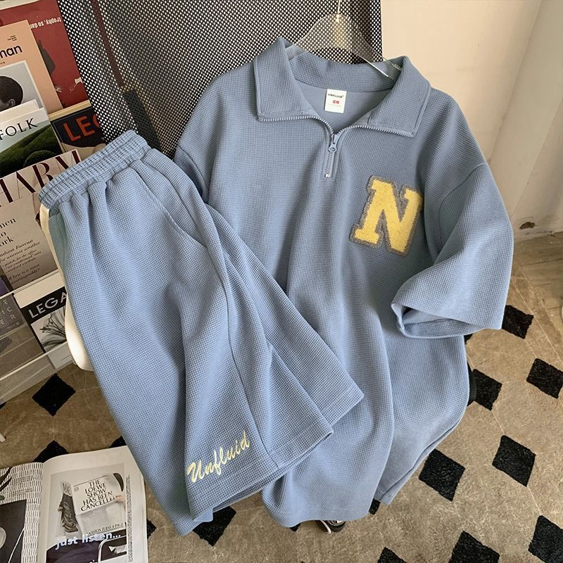 Single piece/set Waffle casual sports suit for men and women summer new shorts polo top two-piece set trendy Single piece/set Waffle casual sports suit for men and women summer new shorts polo top two-piece set trendy