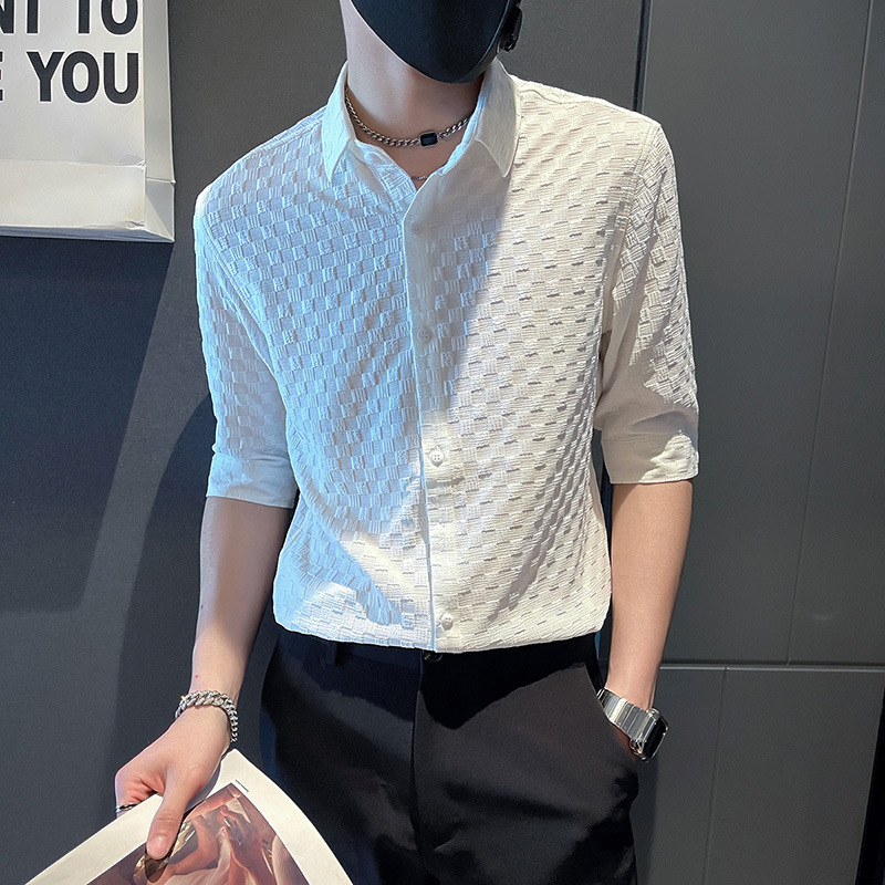 Summer men's ice silk short sleeved shirt, men's trendy slim fit half sleeved shirt, summer trendy brand cool casual summer top