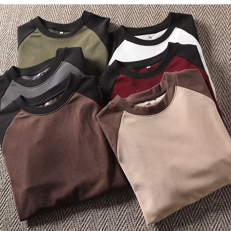 German velvet color blocked base shirt for men, double-sided with velvet lining, long sleeved T-shirt, trendy winter elastic thermal underwear