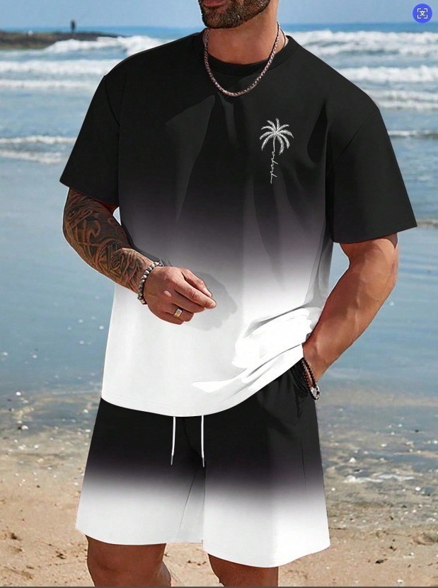 2025 new casual sports short sleeved T-shirt men's summer new gradient letter round neck T-shirt shorts set 2025 new casual sports short sleeved T-shirt men's summer new gradient letter round neck T-shirt shorts set