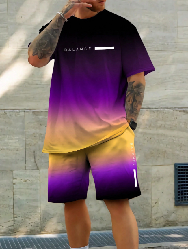 2025 new casual sports short sleeved T-shirt men's summer new gradient letter round neck T-shirt shorts set 2025 new casual sports short sleeved T-shirt men's summer new gradient letter round neck T-shirt shorts set