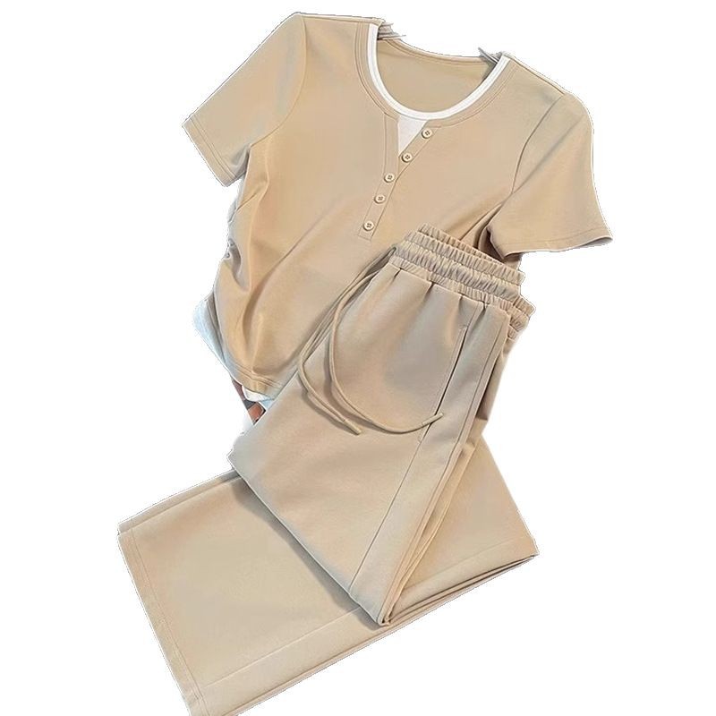 Original Crafted Casual Sports Set for Female Xia, Internet Celebrity, Age Reducing, Waist Reducing, Short Sleeve, Wide Leg Pants, Two Piece Set Original Crafted Casual Sports Set for Female Xia, Internet Celebrity, Age Reducing, Waist Reducing, Short Sleeve, Wide Leg Pants, Two Piece Set