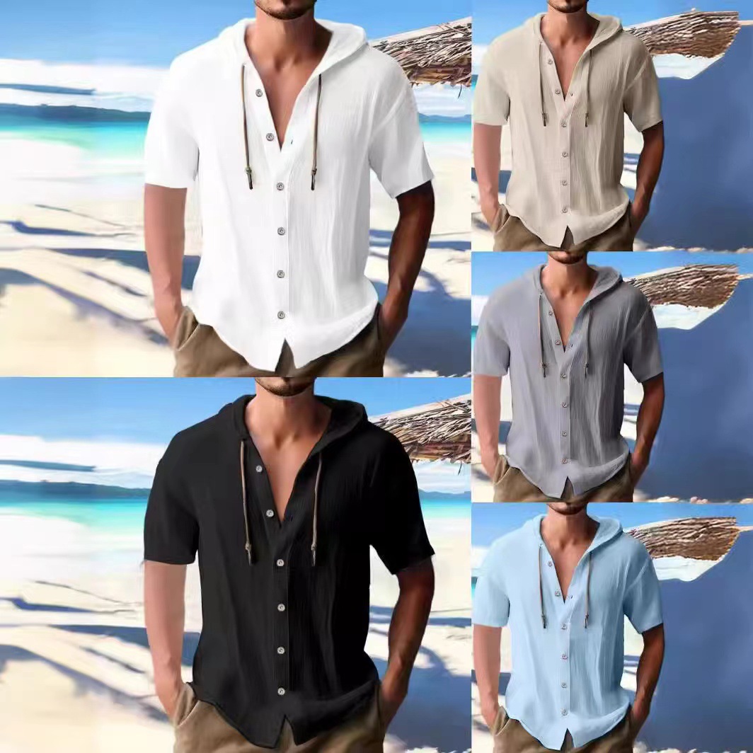 Cross border European and American men's sports and leisure hooded short sleeved shirt sweatshirt versatile loose beach suit simple and casual