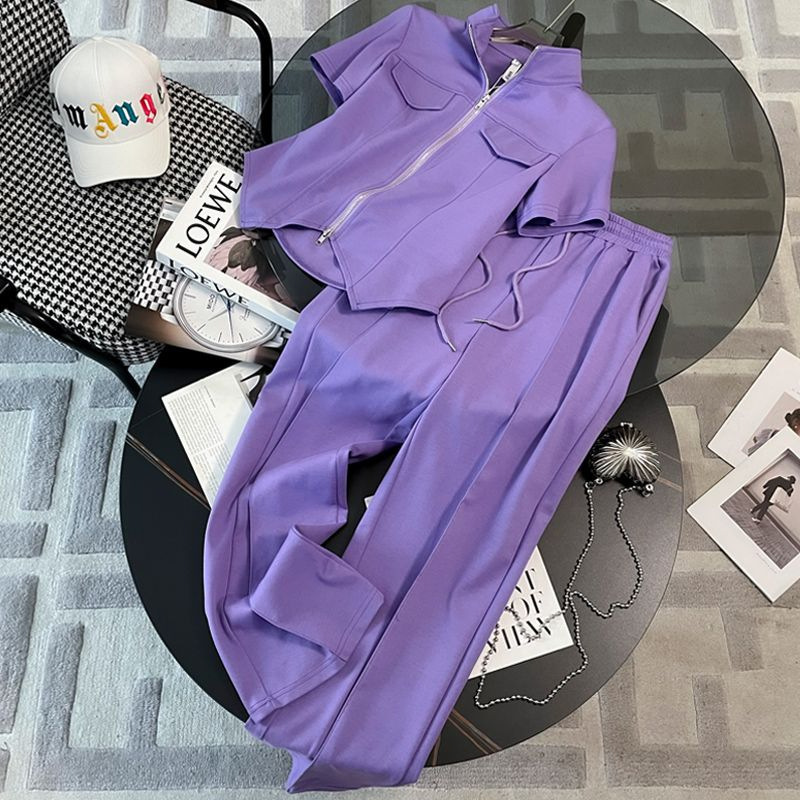 Xiaoxiangfeng Summer Fashion Western Style Fat MM Women's Clothing with Meat Covering Zipper Thin Short Sleeve Wide Leg Pants Casual Sports Set