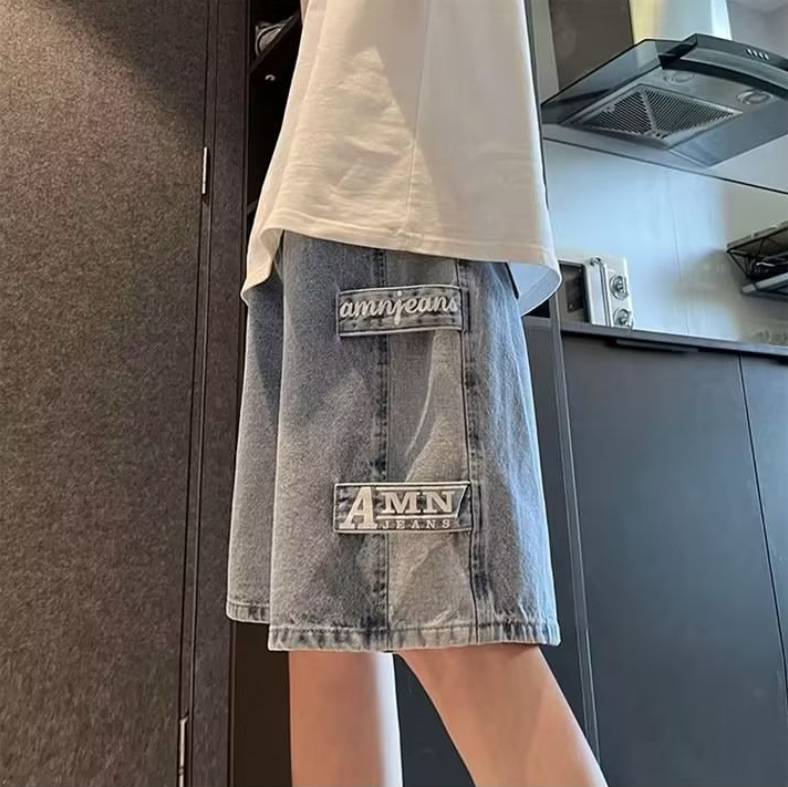 American retro denim shorts for men in summer, thin fit with large pockets, workwear, cropped shorts, loose casual shorts for teenagers American retro denim shorts for men in summer, thin fit with large pockets, workwear, cropped shorts, loose casual shorts for teenagers