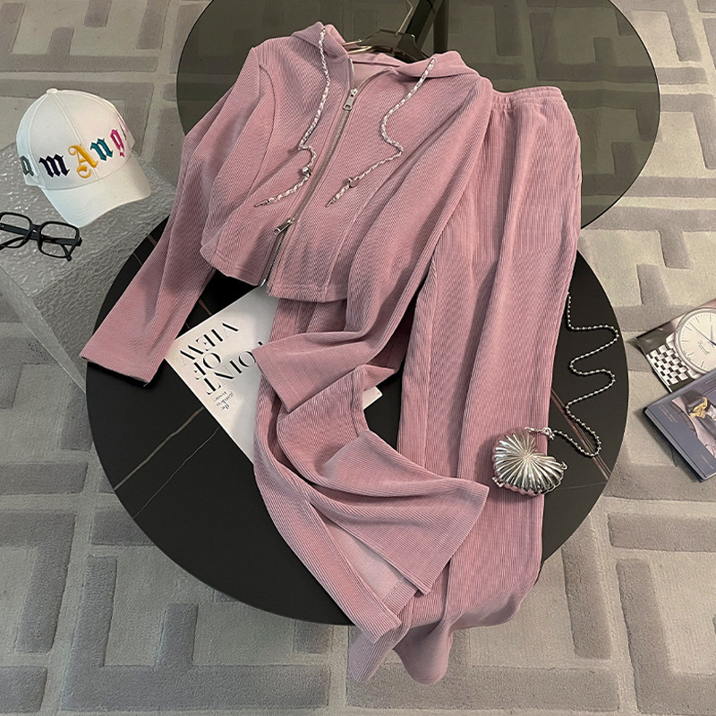 European casual pink sports suit for women's spring and autumn 2024 new style loose hanging slit wide leg pants two-piece set