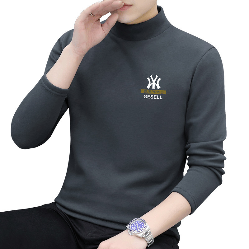 200g double-sided German velvet semi high neck long sleeved T-shirt for men's autumn and winter new style with added velvet warm mid neck base shirt top