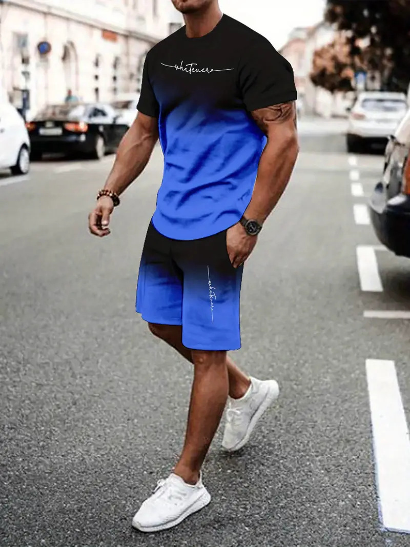 2025 new casual sports short sleeved T-shirt men's summer new gradient letter round neck T-shirt shorts set 2025 new casual sports short sleeved T-shirt men's summer new gradient letter round neck T-shirt shorts set