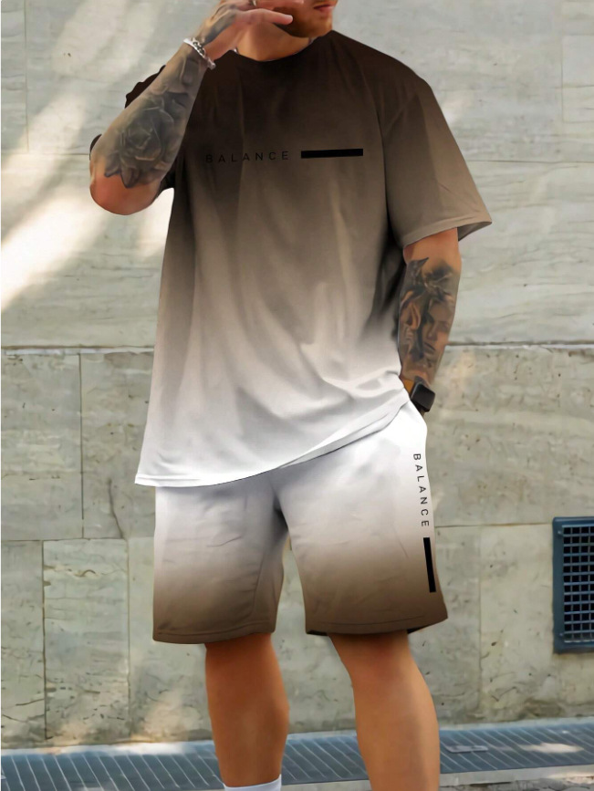 2025 new casual sports short sleeved T-shirt men's summer new gradient letter round neck T-shirt shorts set 2025 new casual sports short sleeved T-shirt men's summer new gradient letter round neck T-shirt shorts set