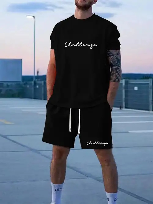 2025 new casual sports short sleeved T-shirt men's summer new gradient letter round neck T-shirt shorts set 2025 new casual sports short sleeved T-shirt men's summer new gradient letter round neck T-shirt shorts set