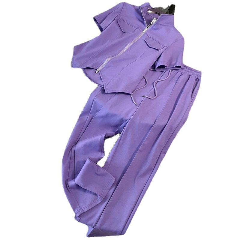 Xiaoxiangfeng Summer Fashion Western Style Fat MM Women's Clothing with Meat Covering Zipper Thin Short Sleeve Wide Leg Pants Casual Sports Set Xiaoxiangfeng Summer Fashion Western Style Fat MM Women's Clothing with Meat Covering Zipper Thin Short Sleeve Wide Leg Pants Casual Sports Set