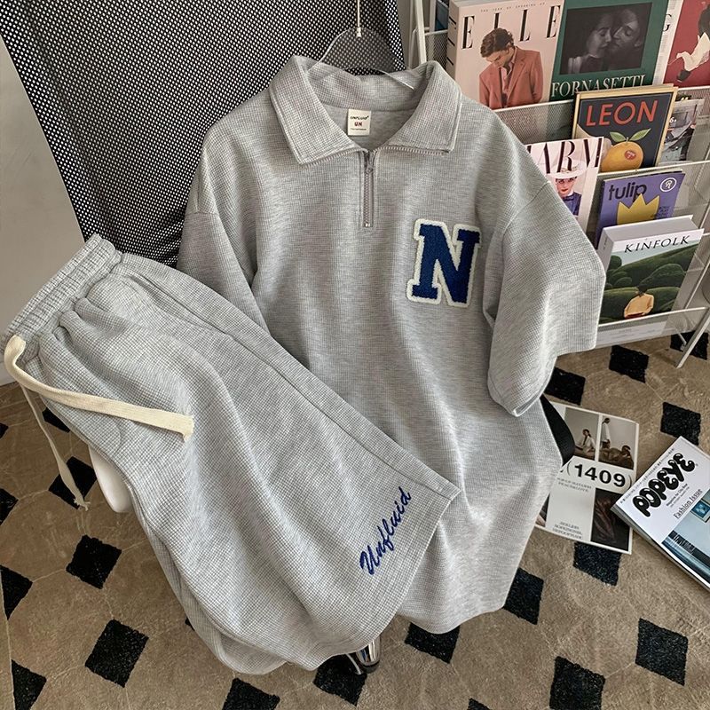 Single piece/set Waffle casual sports suit for men and women summer new shorts polo top two-piece set trendy Single piece/set Waffle casual sports suit for men and women summer new shorts polo top two-piece set trendy