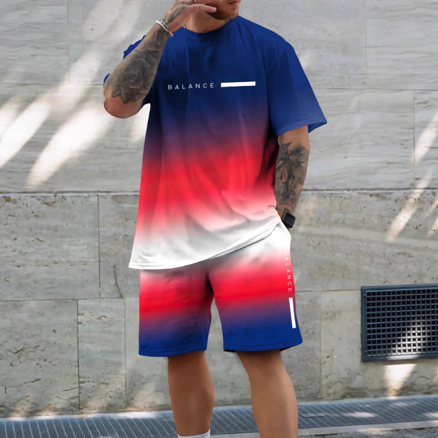 2025 new casual sports short sleeved T-shirt men's summer new gradient letter round neck T-shirt shorts set 2025 new casual sports short sleeved T-shirt men's summer new gradient letter round neck T-shirt shorts set