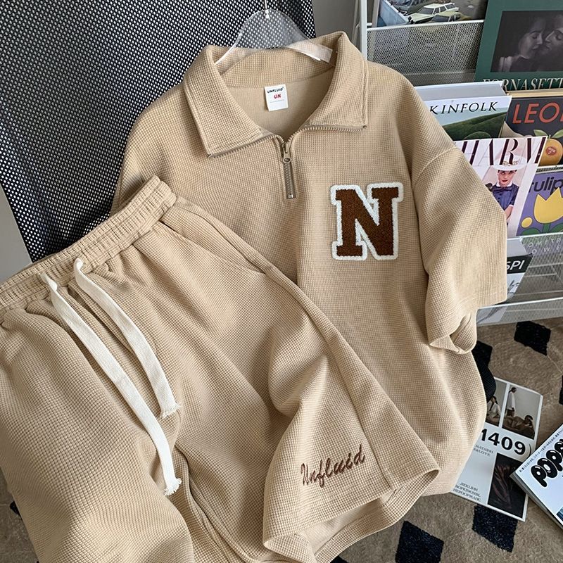 Single piece/set Waffle casual sports suit for men and women summer new shorts polo top two-piece set trendy