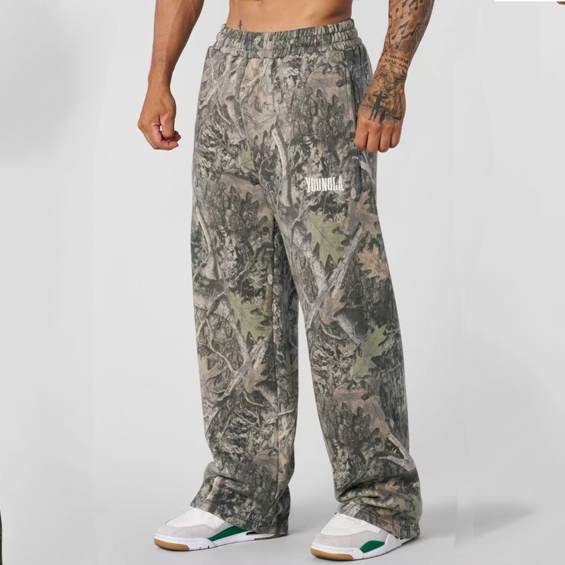 Cross border American style trendy sports pants, wide leg straight casual pants, fitness loose print camouflage running pants for men