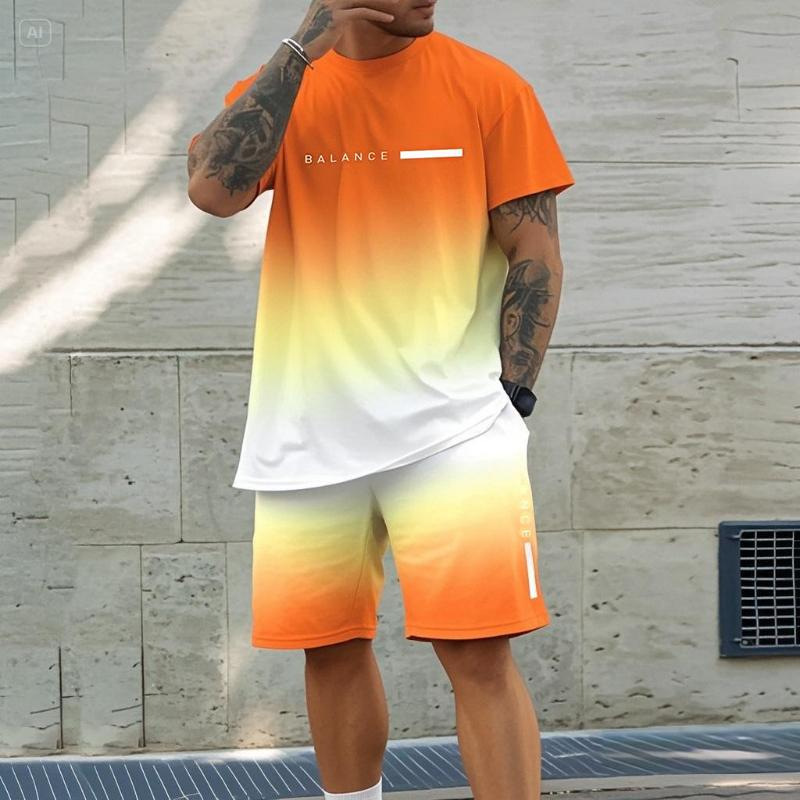 2025 new casual sports short sleeved T-shirt men's summer new gradient letter round neck T-shirt shorts set 2025 new casual sports short sleeved T-shirt men's summer new gradient letter round neck T-shirt shorts set