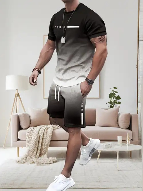 2025 new casual sports short sleeved T-shirt men's summer new gradient letter round neck T-shirt shorts set 2025 new casual sports short sleeved T-shirt men's summer new gradient letter round neck T-shirt shorts set