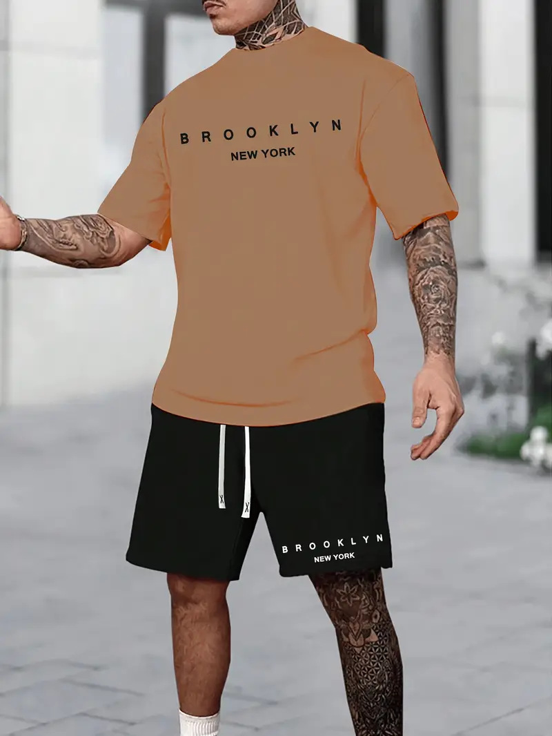 2025 new casual sports short sleeved T-shirt men's summer new gradient letter round neck T-shirt shorts set 2025 new casual sports short sleeved T-shirt men's summer new gradient letter round neck T-shirt shorts set