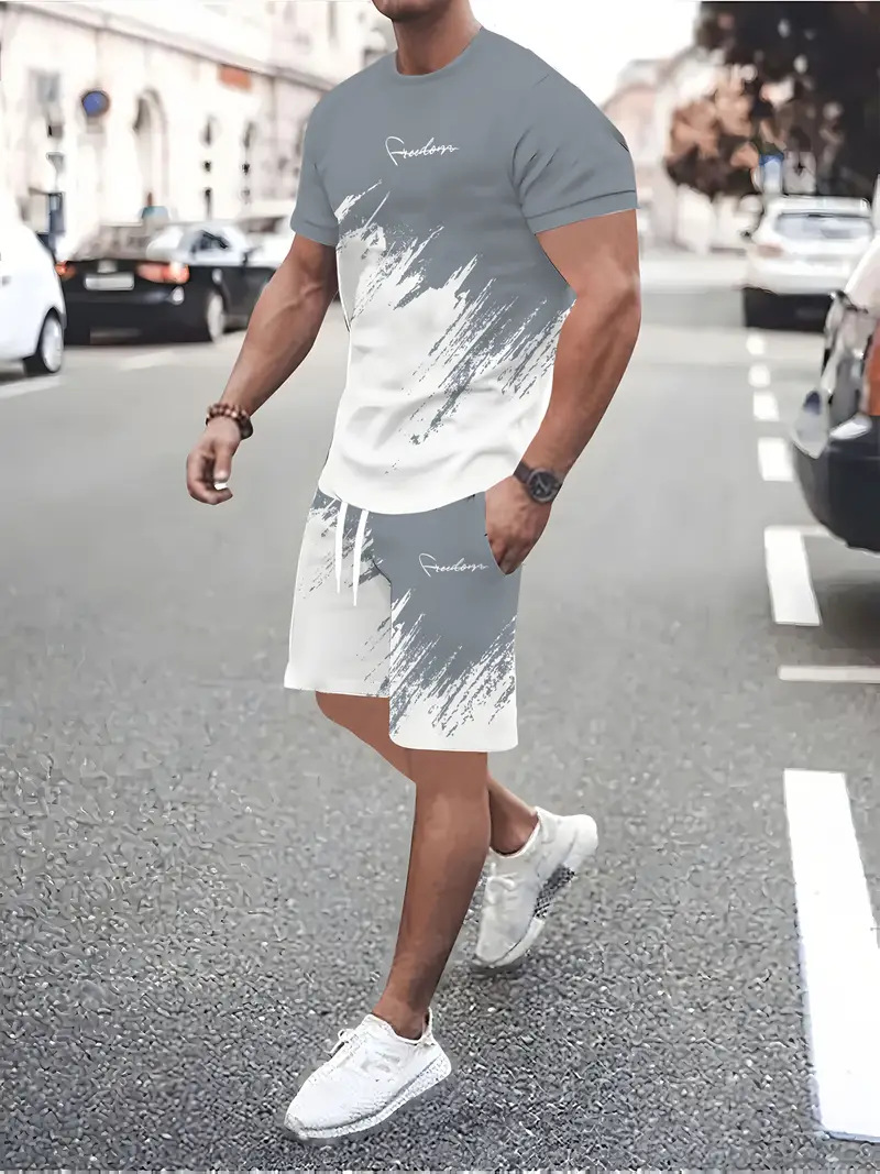 2025 new casual sports short sleeved T-shirt men's summer new gradient letter round neck T-shirt shorts set 2025 new casual sports short sleeved T-shirt men's summer new gradient letter round neck T-shirt shorts set