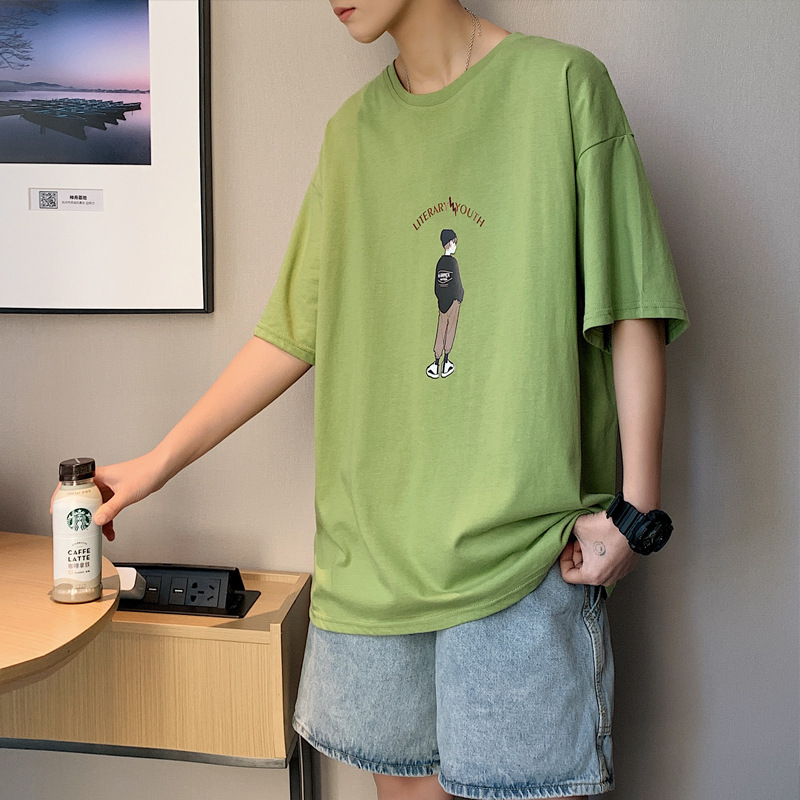 Summer new loose short sleeved T-shirt men's Hong Kong style student T-shirt base shirt couple style off shoulder round neck short sleeved shirt