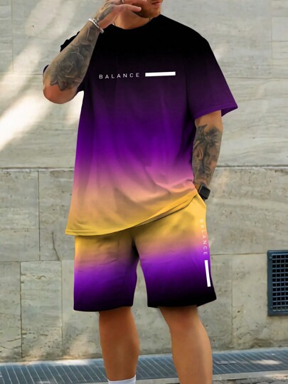 2025 new casual sports short sleeved T-shirt men's summer new gradient letter round neck T-shirt shorts set 2025 new casual sports short sleeved T-shirt men's summer new gradient letter round neck T-shirt shorts set