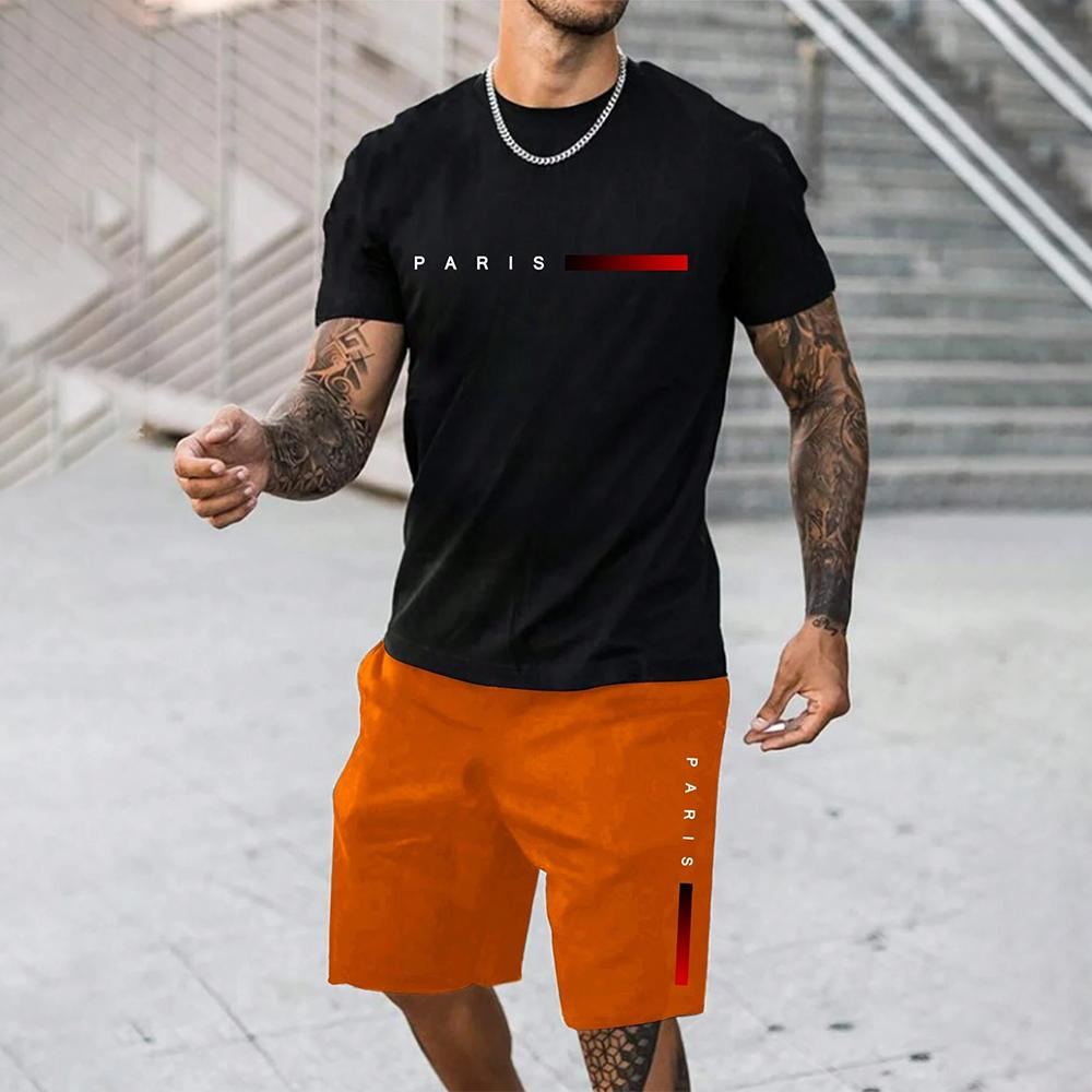 2025 new casual sports short sleeved T-shirt men's summer new gradient letter round neck T-shirt shorts set 2025 new casual sports short sleeved T-shirt men's summer new gradient letter round neck T-shirt shorts set