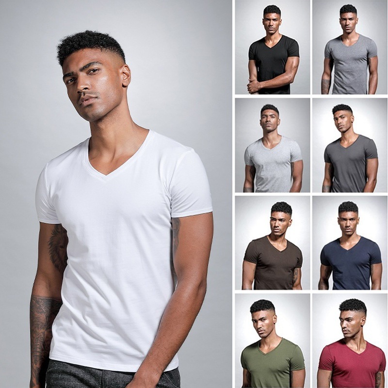 Wholesale Summer Solid Color V-neck White T-shirt Tight Bottom Shirt Men's Short Sleeve Chicken Neck White T-shirt Interior Fit Bottom