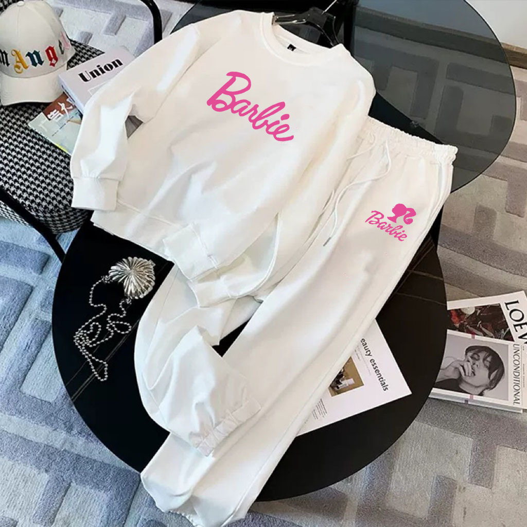 Hoodie women's white spring and autumn long sleeved round neck new print trendy loose and versatile sportswear set trendy brand