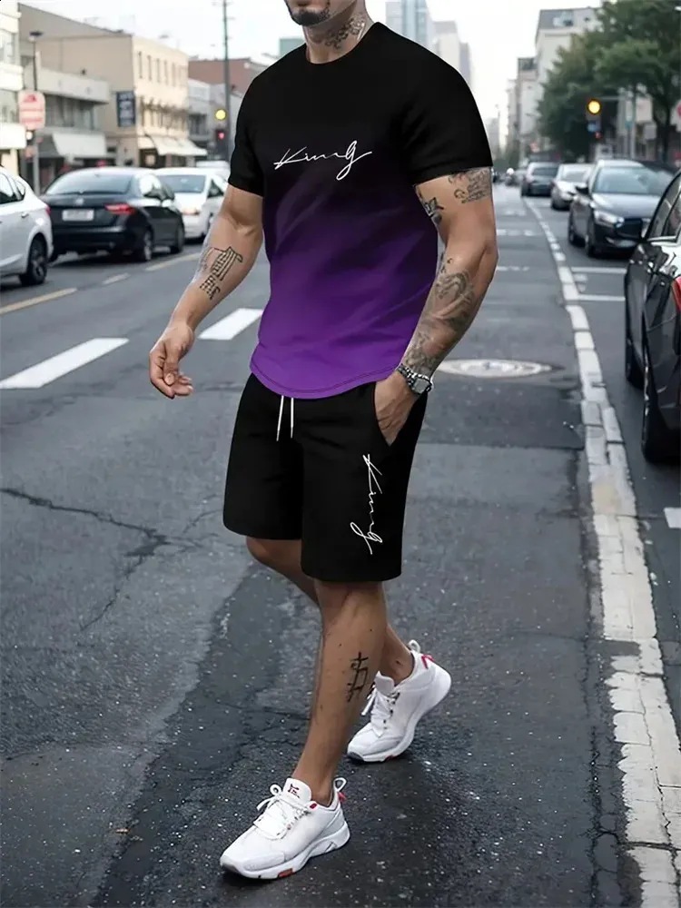 2025 new casual sports short sleeved T-shirt men's summer new gradient letter round neck T-shirt shorts set 2025 new casual sports short sleeved T-shirt men's summer new gradient letter round neck T-shirt shorts set
