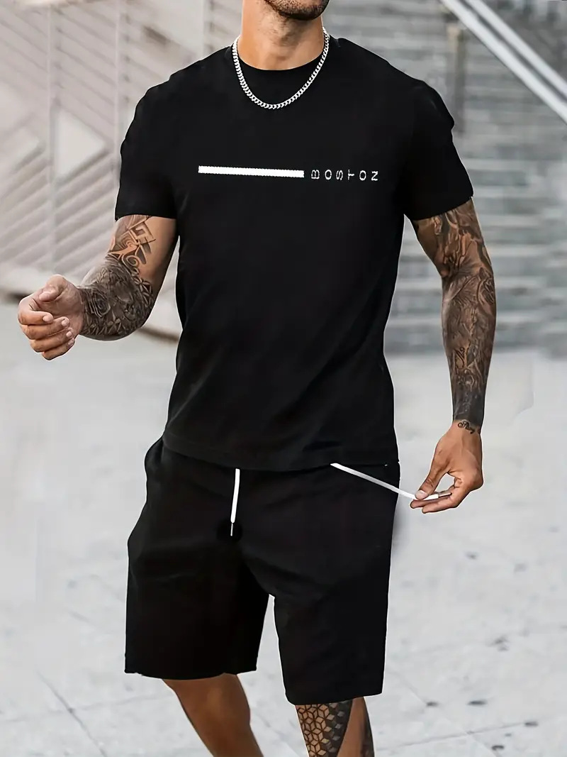 2025 new casual sports short sleeved T-shirt men's summer new gradient letter round neck T-shirt shorts set 2025 new casual sports short sleeved T-shirt men's summer new gradient letter round neck T-shirt shorts set