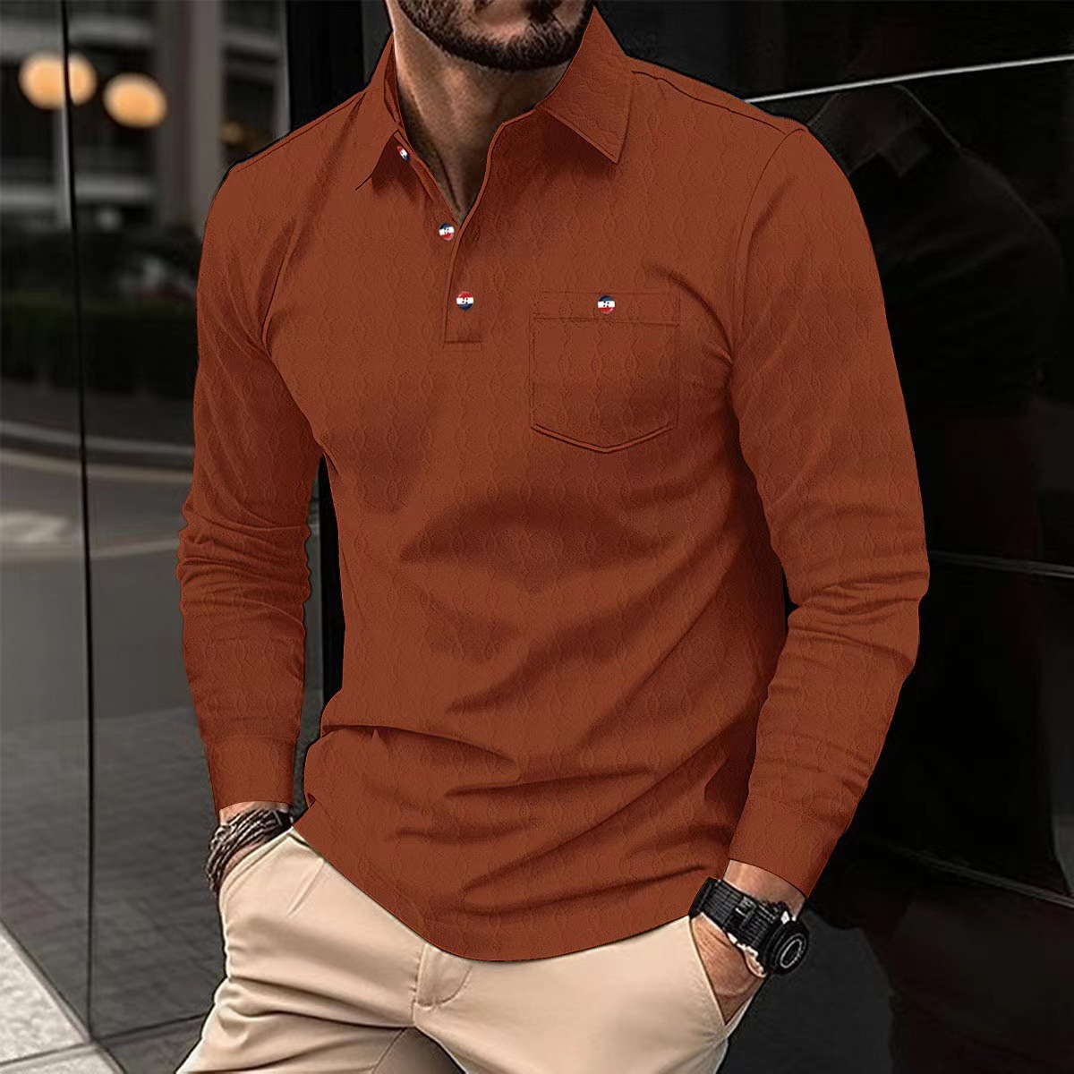 2023 Cross border AliExpress Amazon Autumn/Winter Men's Pocket Jacquard Stand up Collar Polo Shirt Long Sleeve Casual Clothes with Inlaid Flowers