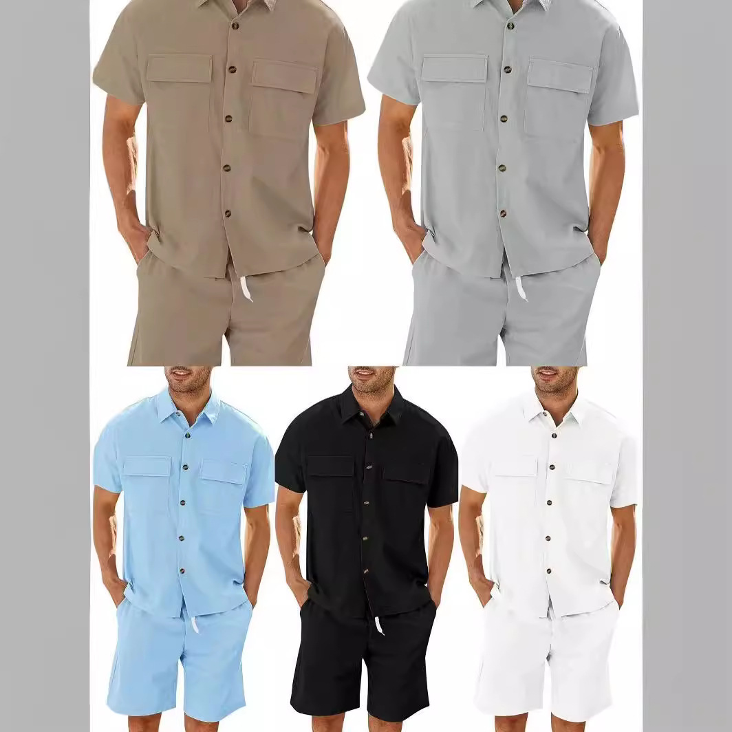 Cross border European and American men's sports and leisure suit, solid color men's shirt, fashionable trend shorts, short sleeved men's suit