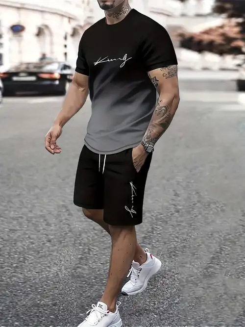 2025 new casual sports short sleeved T-shirt men's summer new gradient letter round neck T-shirt shorts set 2025 new casual sports short sleeved T-shirt men's summer new gradient letter round neck T-shirt shorts set