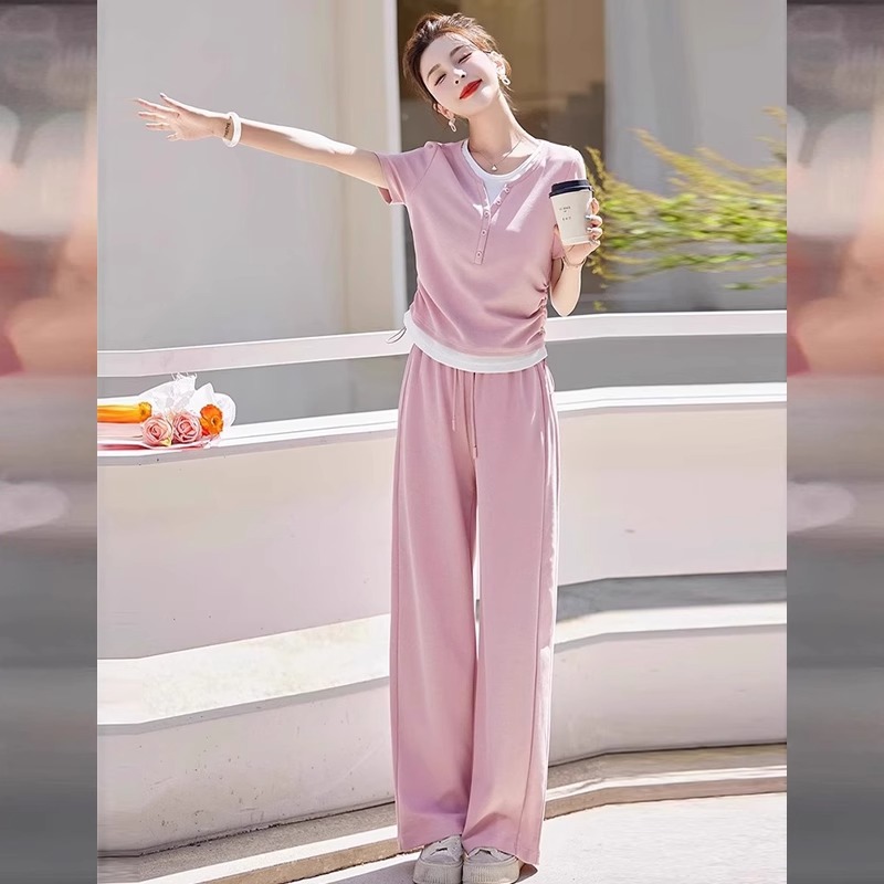 Original Crafted Casual Sports Set for Female Xia, Internet Celebrity, Age Reducing, Waist Reducing, Short Sleeve, Wide Leg Pants, Two Piece Set Original Crafted Casual Sports Set for Female Xia, Internet Celebrity, Age Reducing, Waist Reducing, Short Sleeve, Wide Leg Pants, Two Piece Set