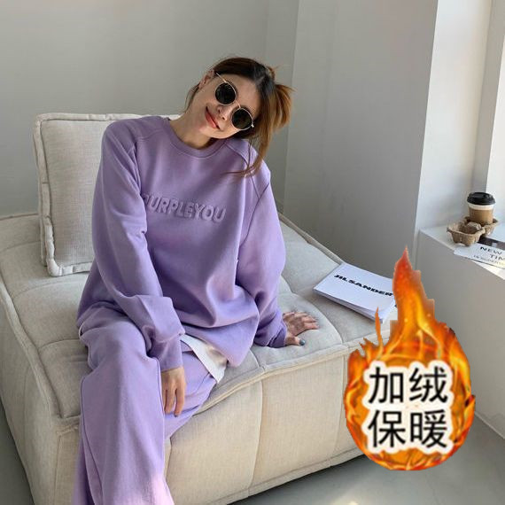 Women's autumn and winter new fashionable loose hoodie and pants two-piece set with added velvet and thickened sports and leisure suit Women's autumn and winter new fashionable loose hoodie and pants two-piece set with added velvet and thickened sports and leisure suit