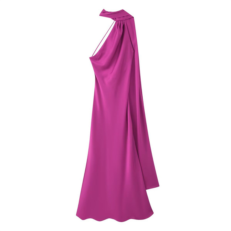 Foreign trade cross-border women's clothing wholesale 2025 new summer silk texture ribbon hanging neck jumpsuit long skirt Foreign trade cross-border women's clothing wholesale 2025 new summer silk texture ribbon hanging neck jumpsuit long skirt
