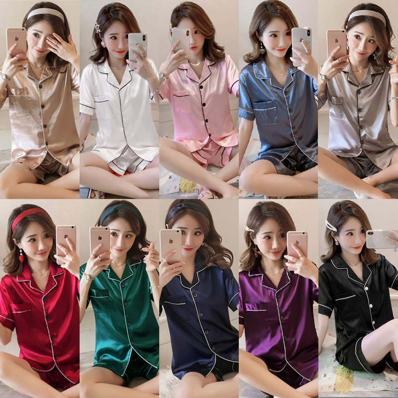 Ice silk sleepwear women's summer cardigan short sleeved shorts imitation silk loose oversized cross-border home suit set M-5XL