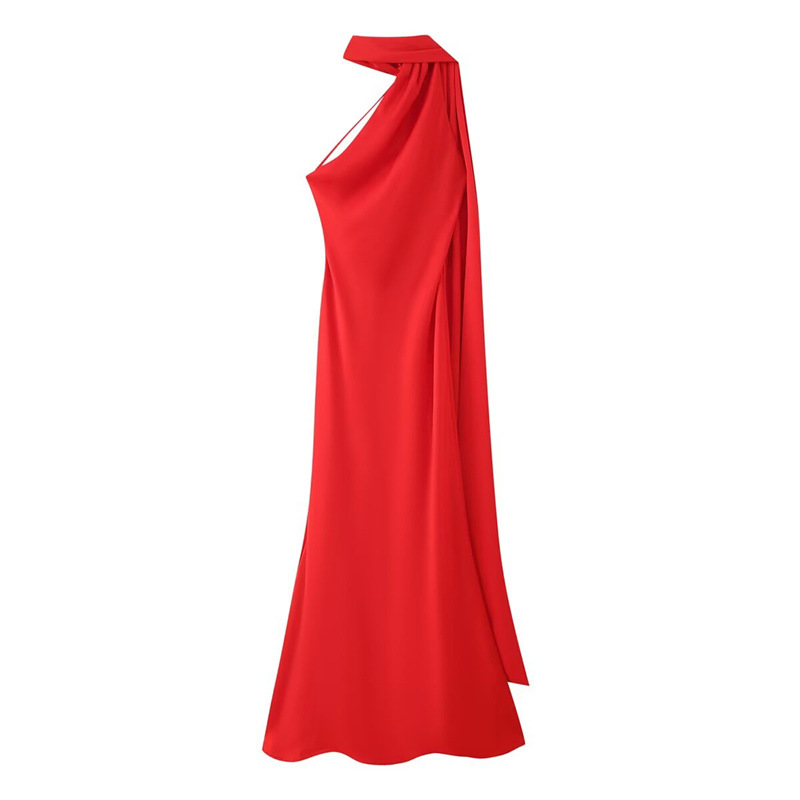Foreign trade cross-border women's clothing wholesale 2025 new summer silk texture ribbon hanging neck jumpsuit long skirt Foreign trade cross-border women's clothing wholesale 2025 new summer silk texture ribbon hanging neck jumpsuit long skirt