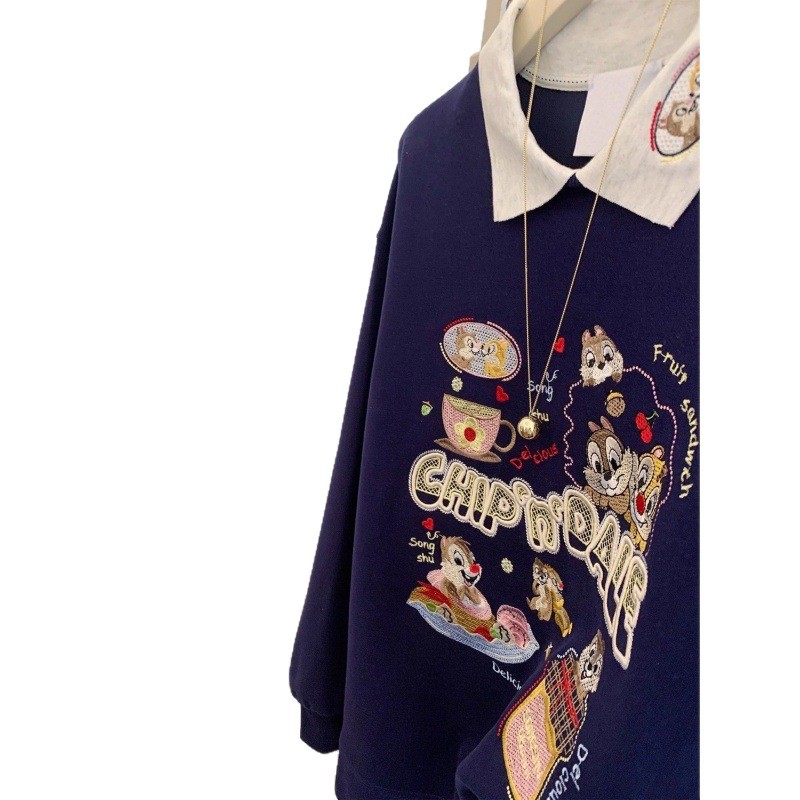 Navy blue embroidered polo collar hoodie for women, early autumn new item, fake, two unique super hot design, anti-aging top Navy blue embroidered polo collar hoodie for women, early autumn new item, fake, two unique super hot design, anti-aging top